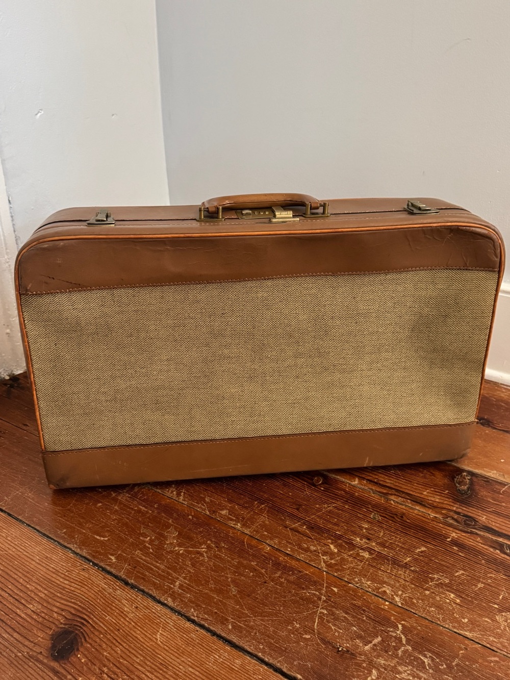 Vintage 60's Brooks Brothers Tan Leather Fabric Suitcase Luggage Combination - Picture 5 of 15